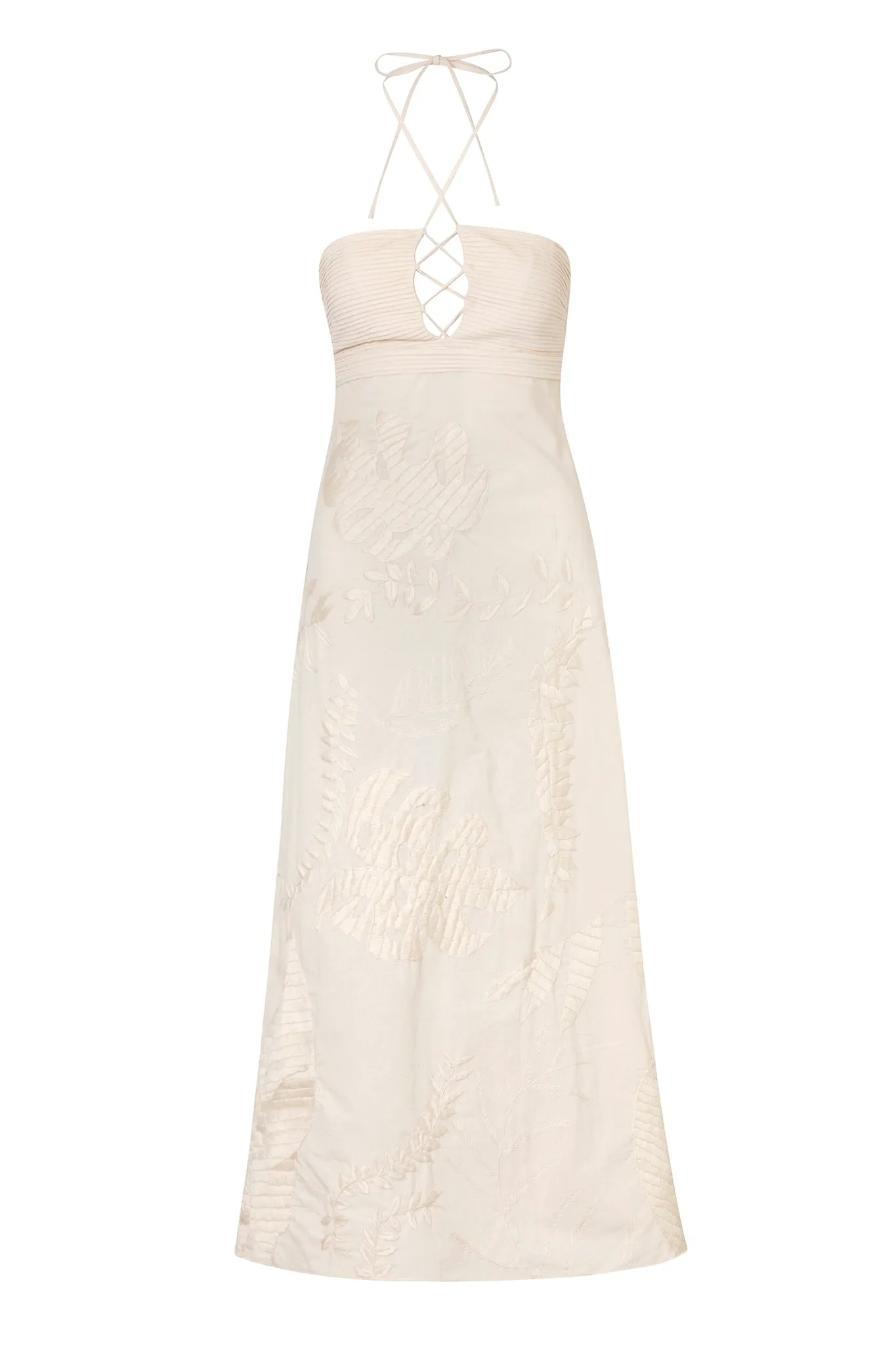 Acordeon Cotton Canvas Hand-Embroidered Maxi Dress / Ecru