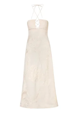 Acordeon Cotton Canvas Hand-Embroidered Maxi Dress / Ecru
