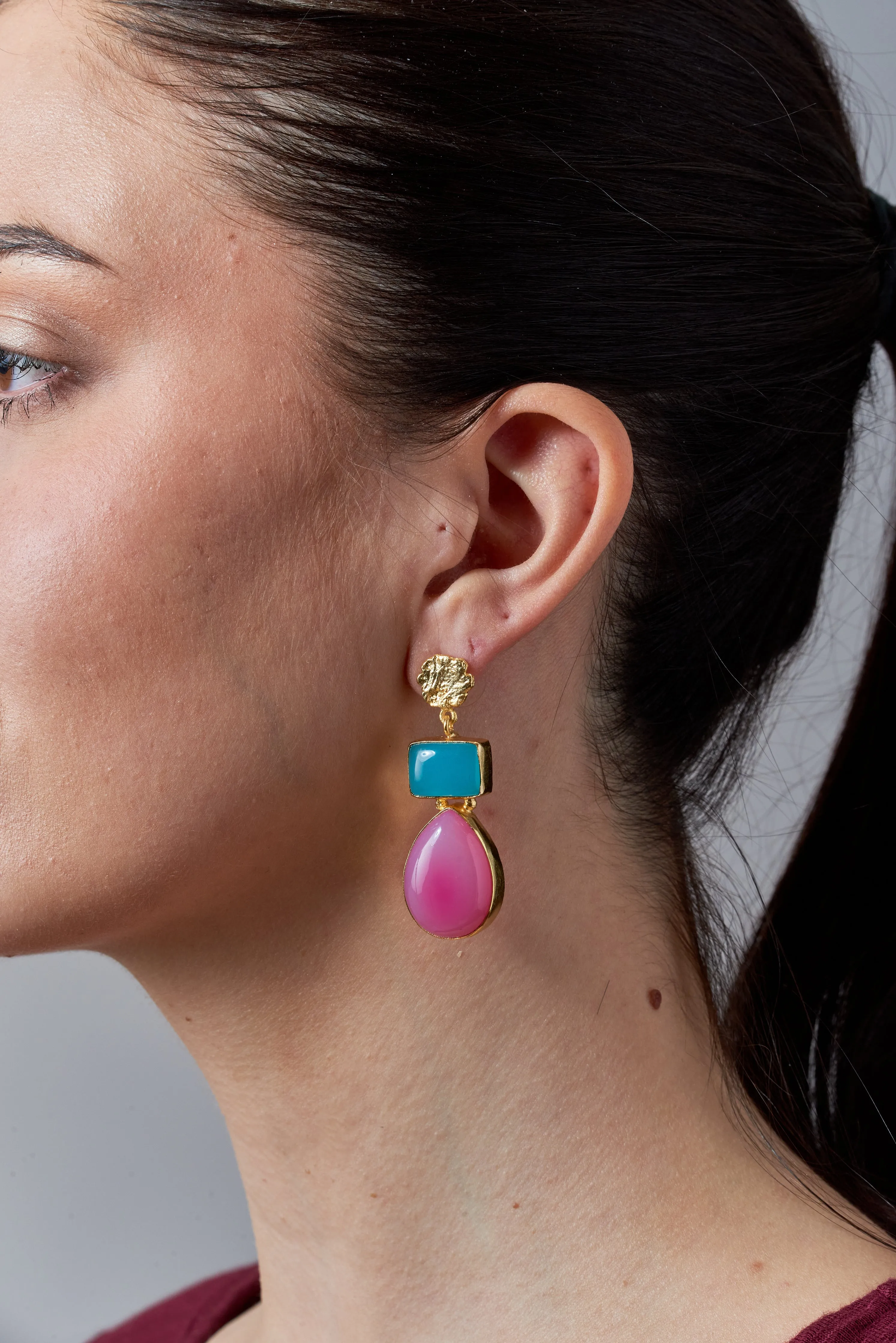 Bali Queen, Gemstone, chalcedony 2 tier earrings
