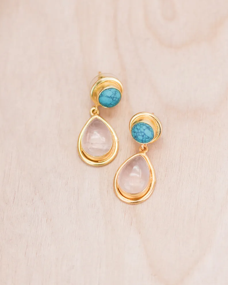Bali Queen, Gemstone, rose quartz and turquoise teardrop earrings