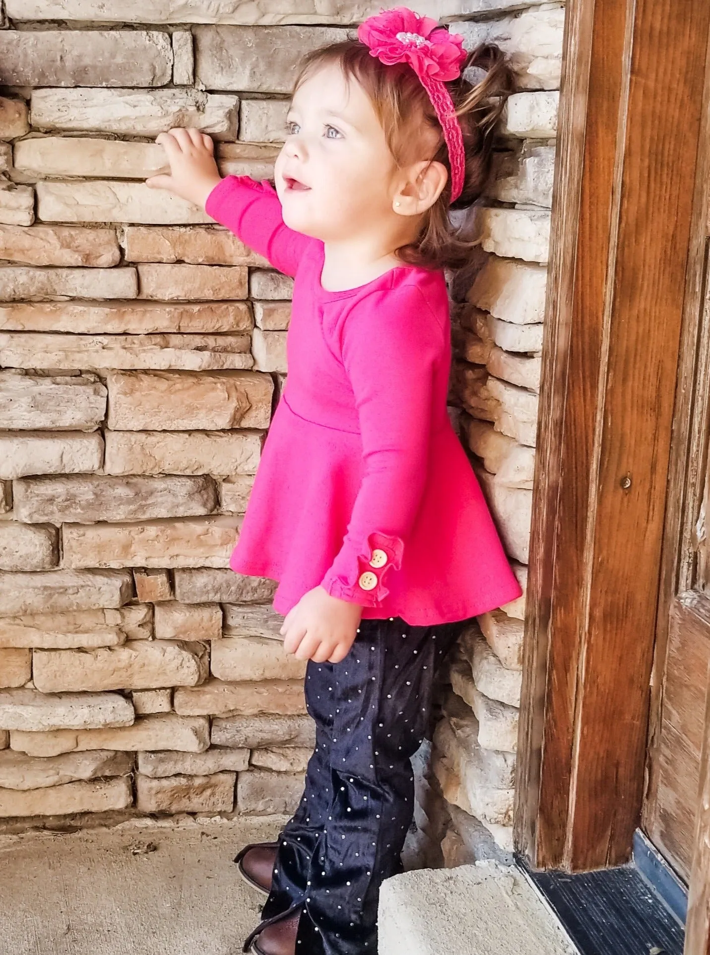 Black Polka Dotted Split Hem Velvet Bell Bottoms