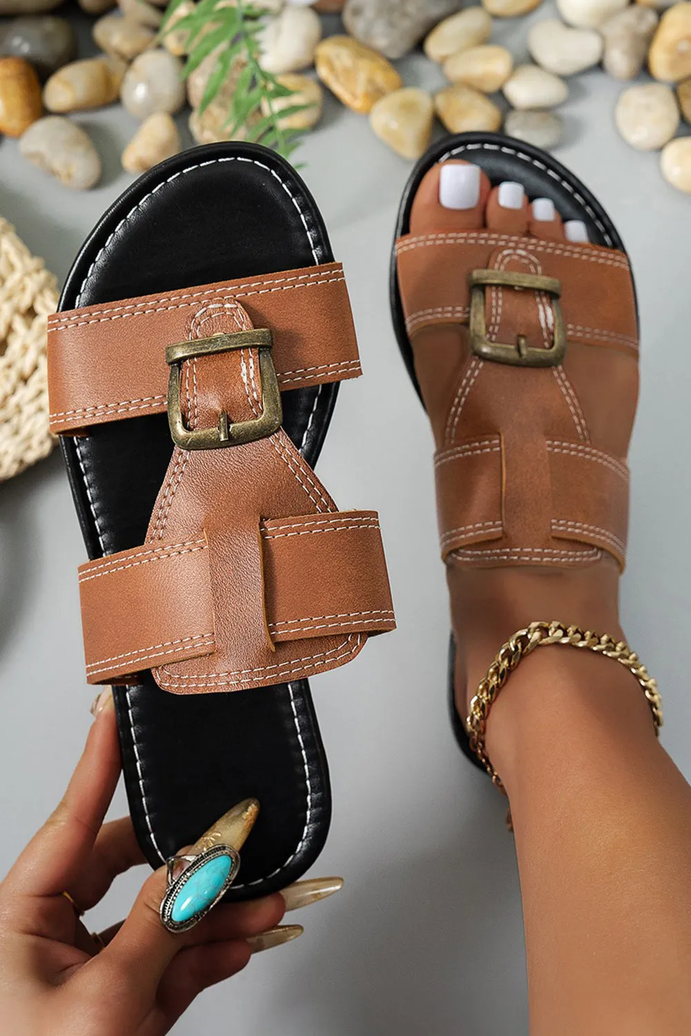 Coffee Vintage Banded Buckle Slippers