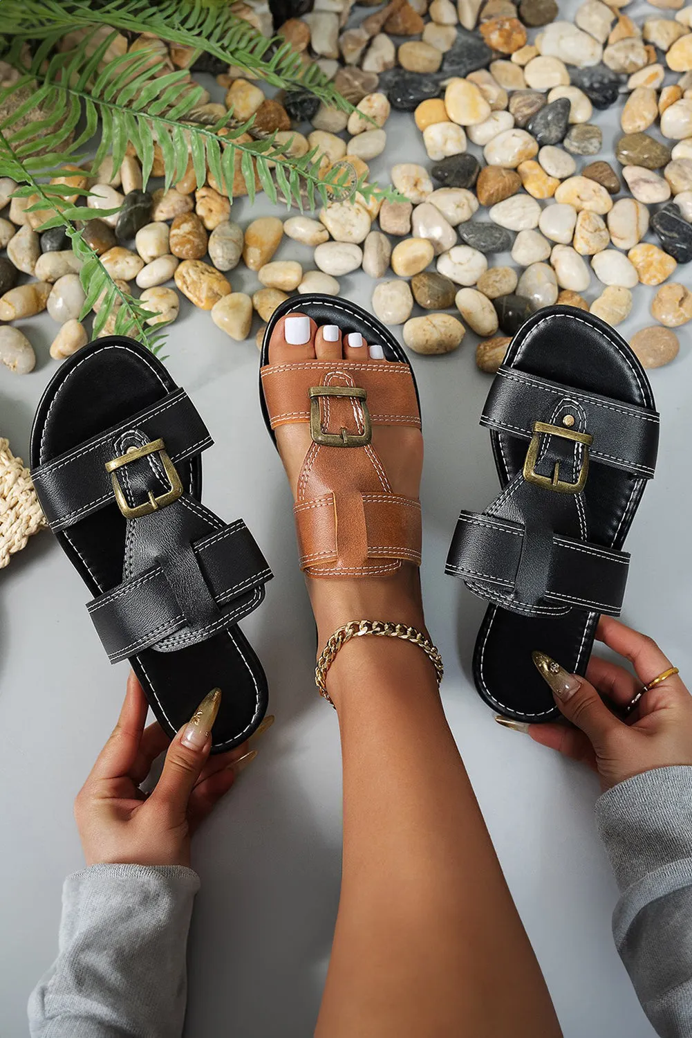 Coffee Vintage Banded Buckle Slippers