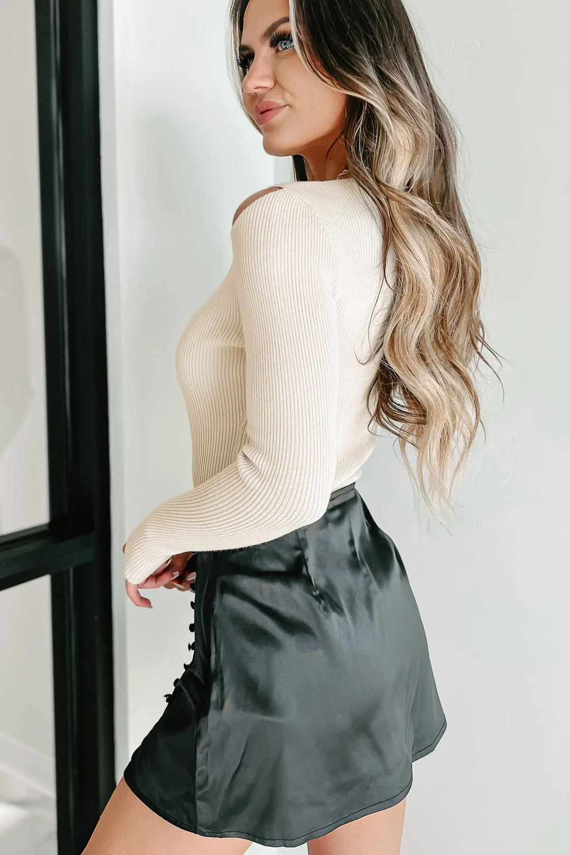 Cozy In Kalispell Ribbed Slit Shoulder Bodysuit (Oatmeal)