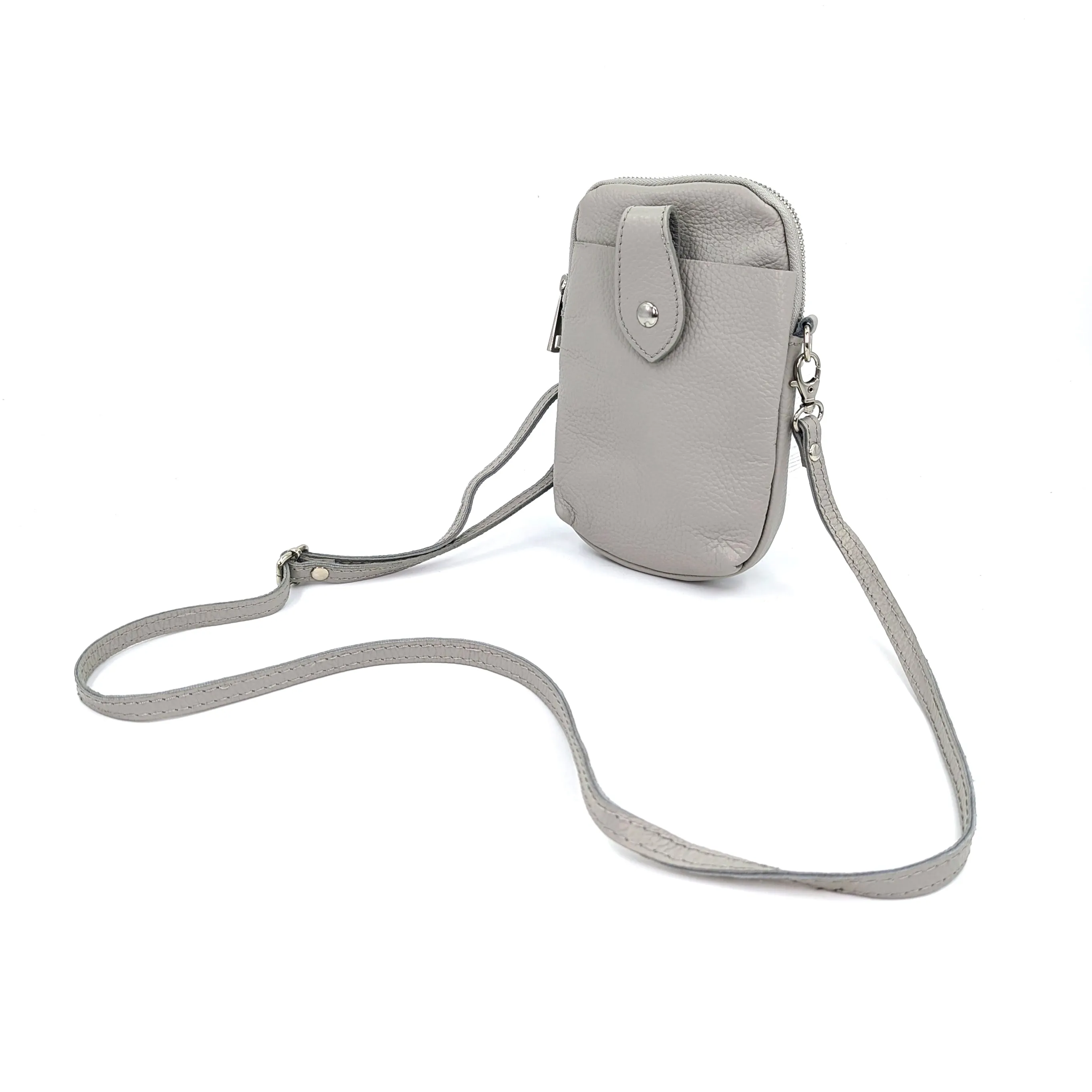 Crossbody mini leather bag with front and back compartments and poppers