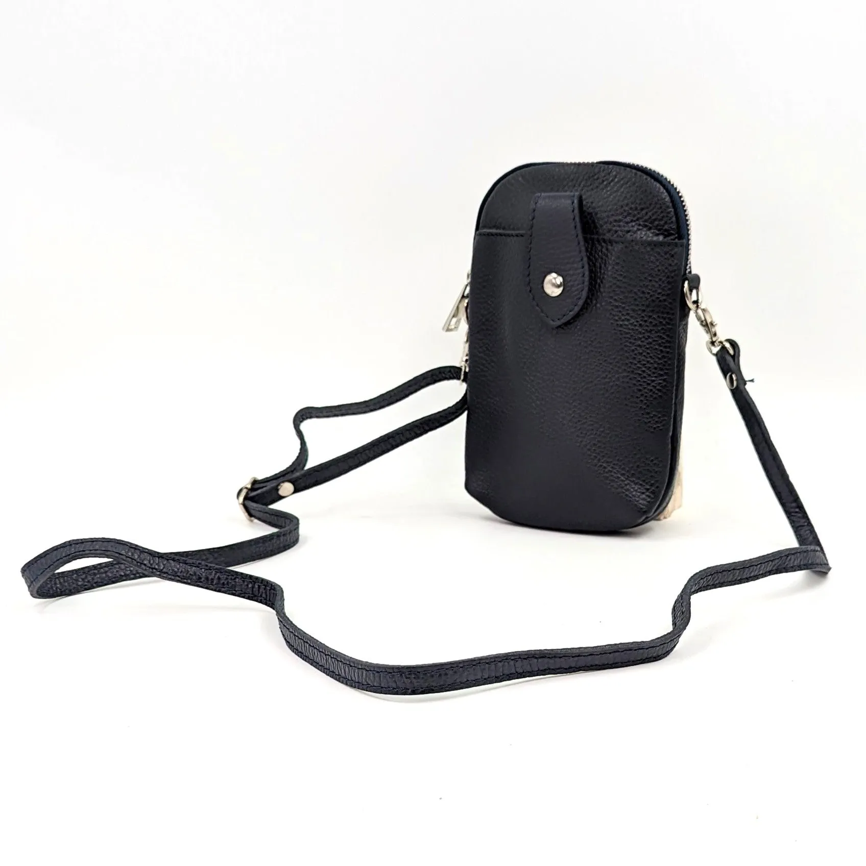 Crossbody mini leather bag with front and back compartments and poppers