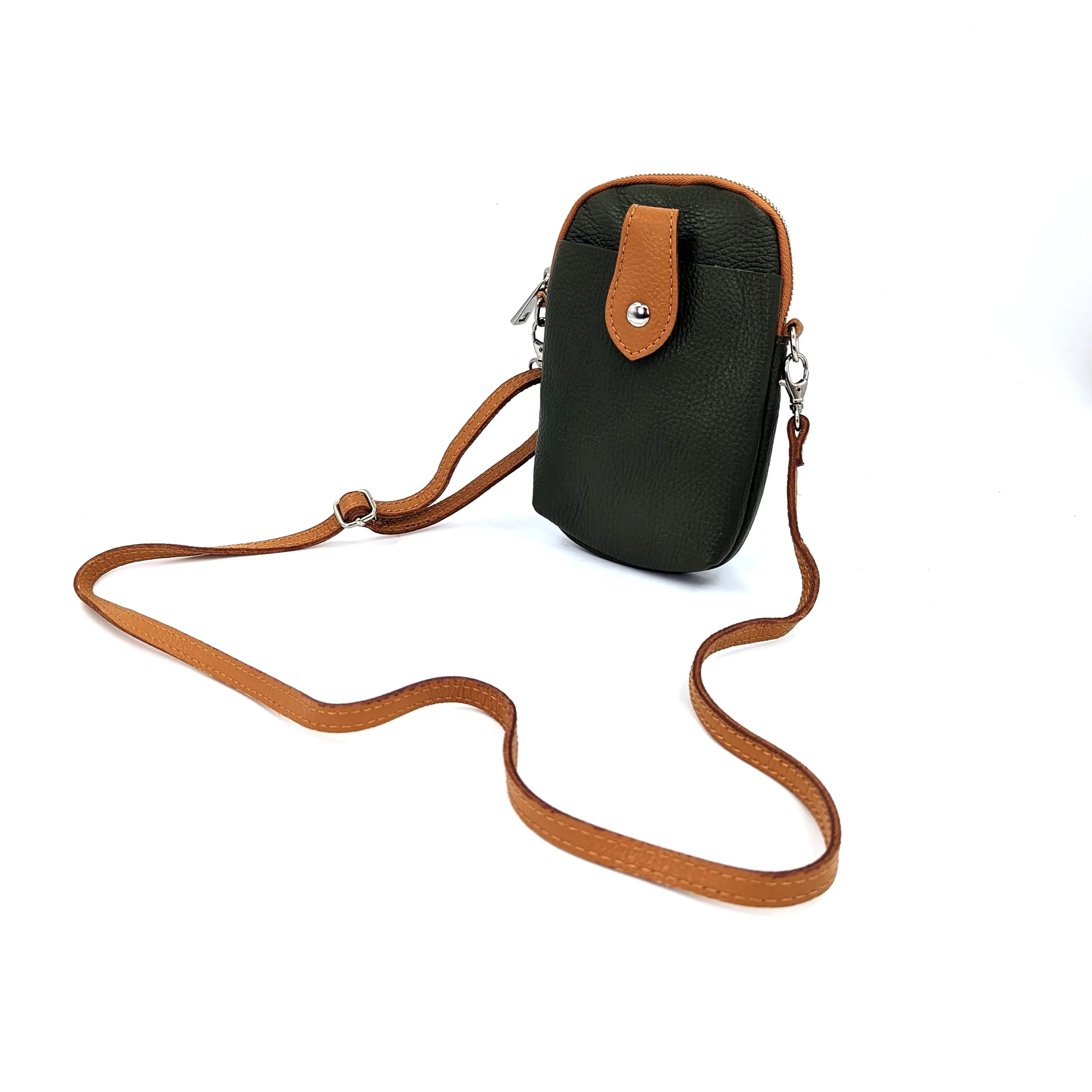 Crossbody mini leather bag with front and back compartments and poppers