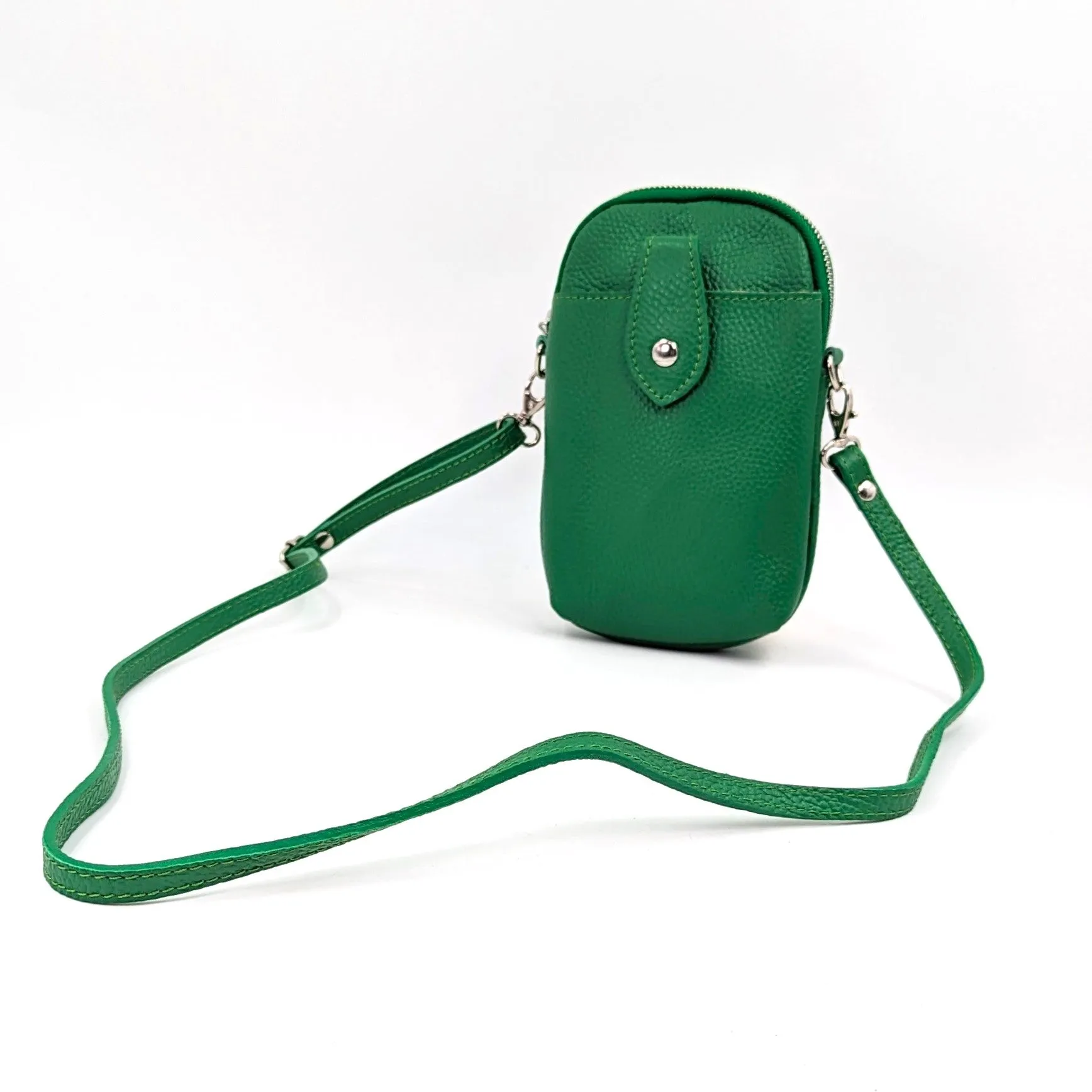 Crossbody mini leather bag with front and back compartments and poppers
