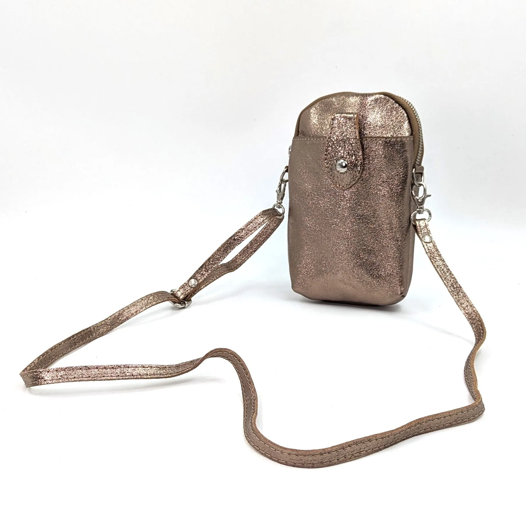 Crossbody mini leather bag with front and back compartments and poppers
