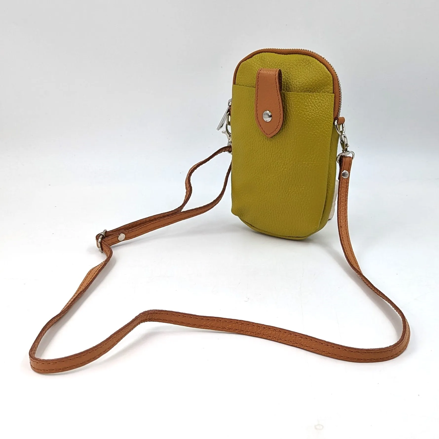 Crossbody mini leather bag with front and back compartments and poppers