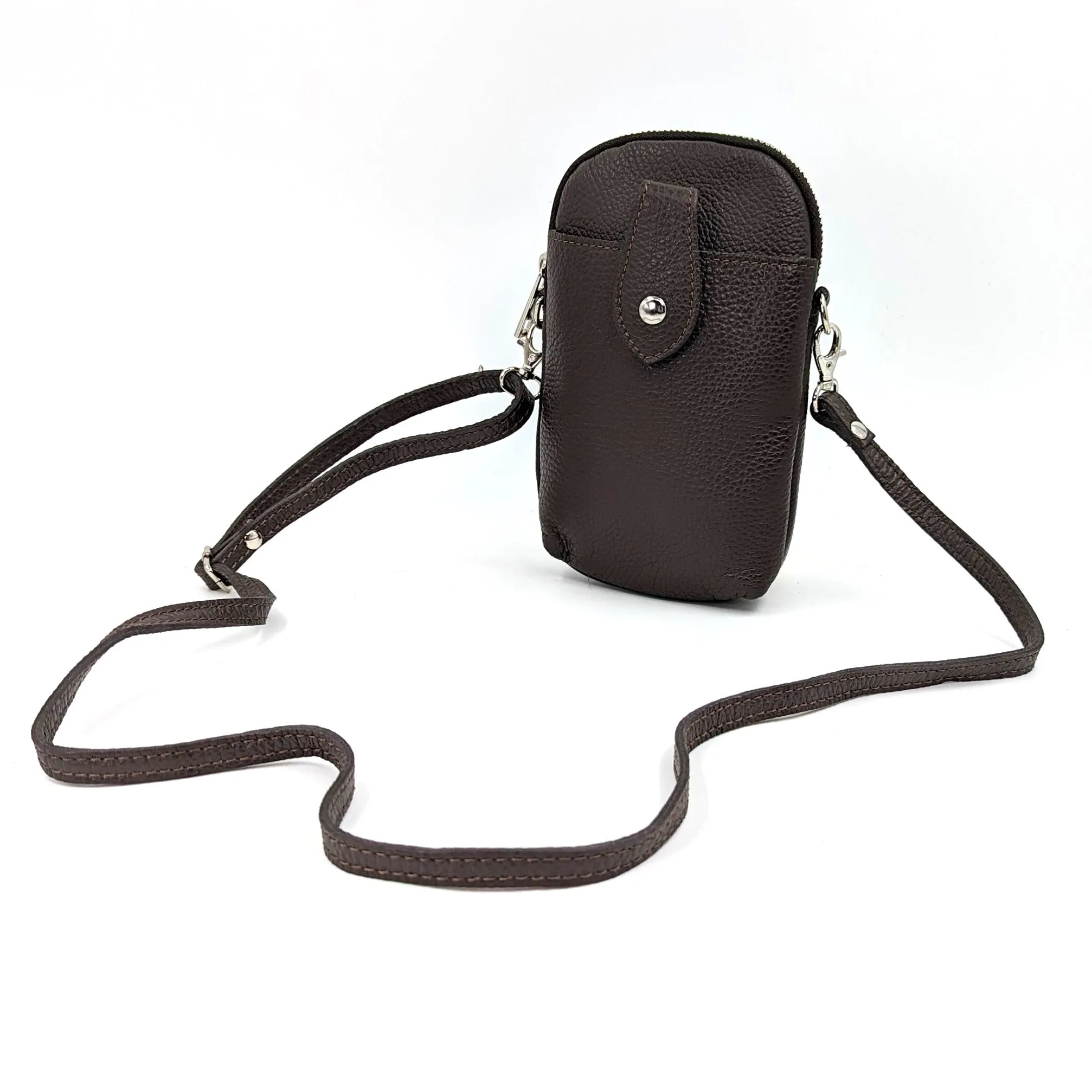 Crossbody mini leather bag with front and back compartments and poppers