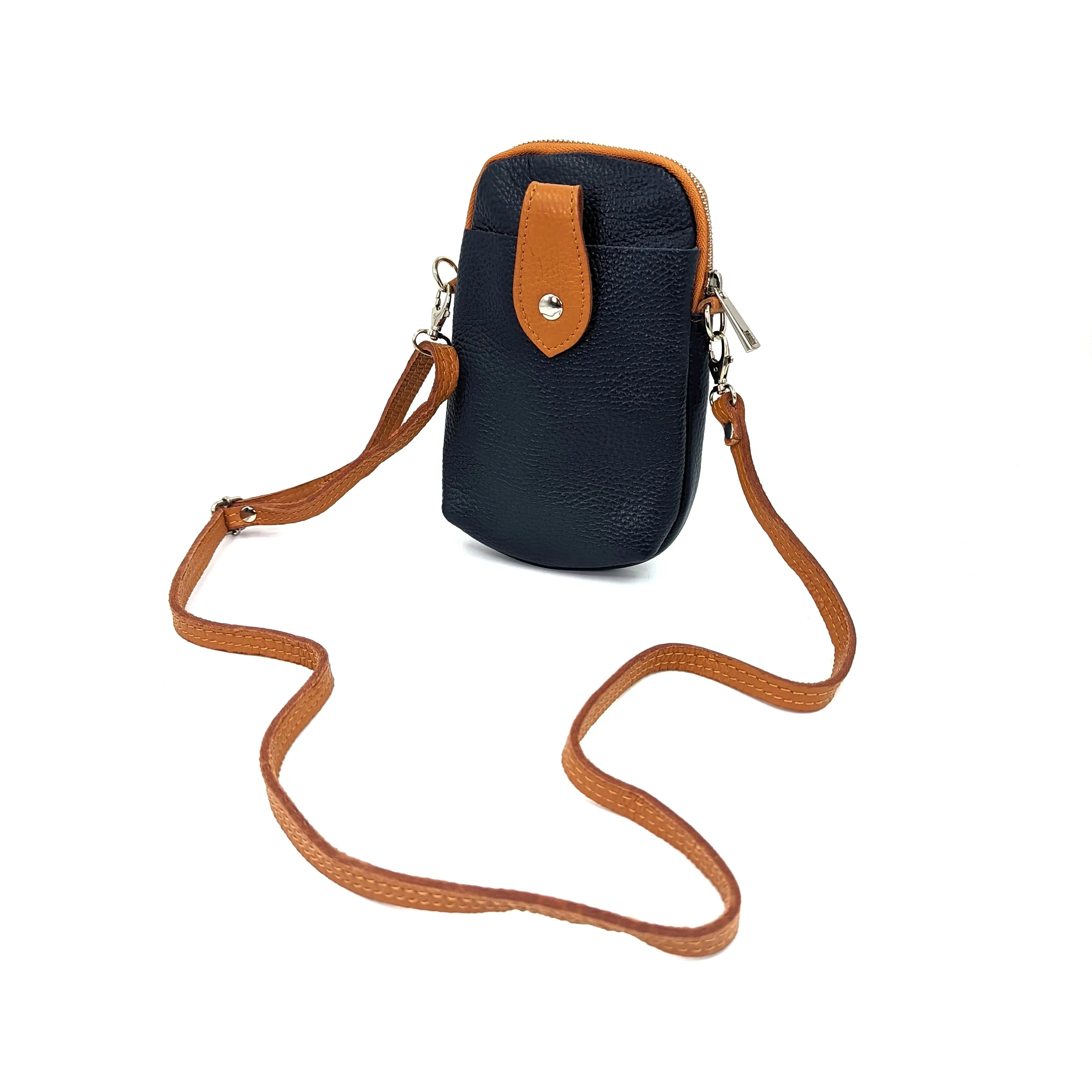 Crossbody mini leather bag with front and back compartments and poppers