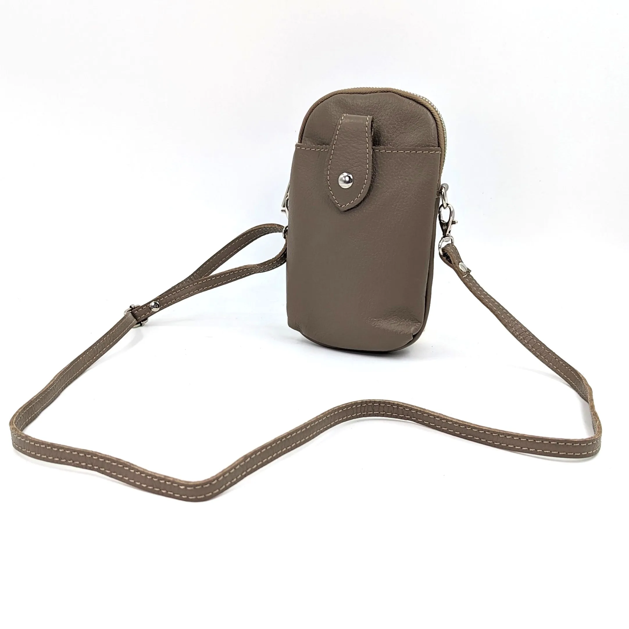 Crossbody mini leather bag with front and back compartments and poppers