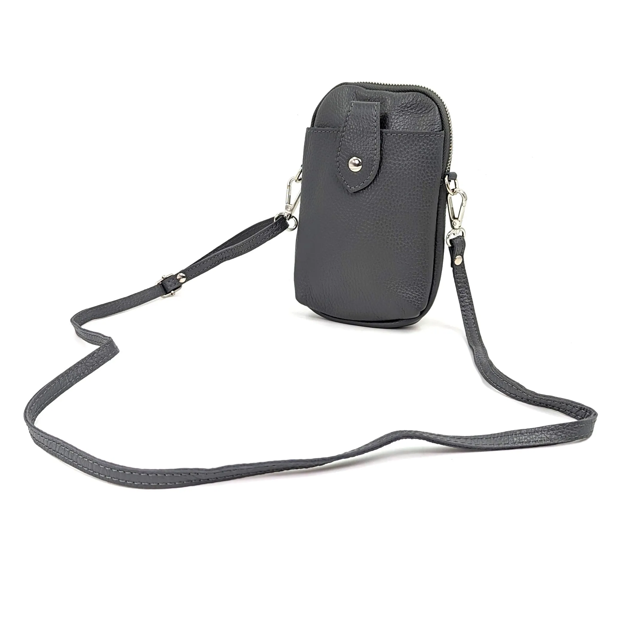 Crossbody mini leather bag with front and back compartments and poppers