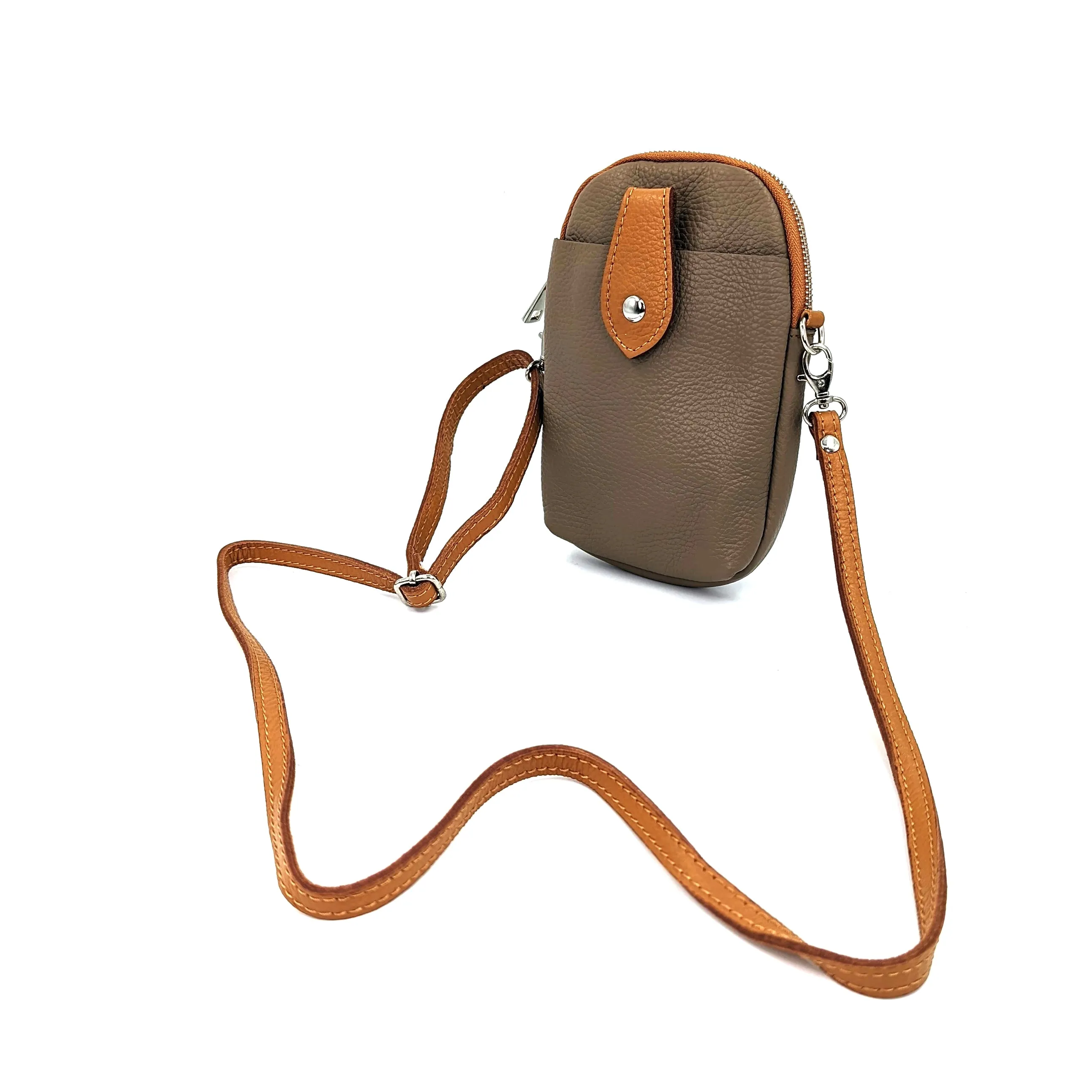 Crossbody mini leather bag with front and back compartments and poppers