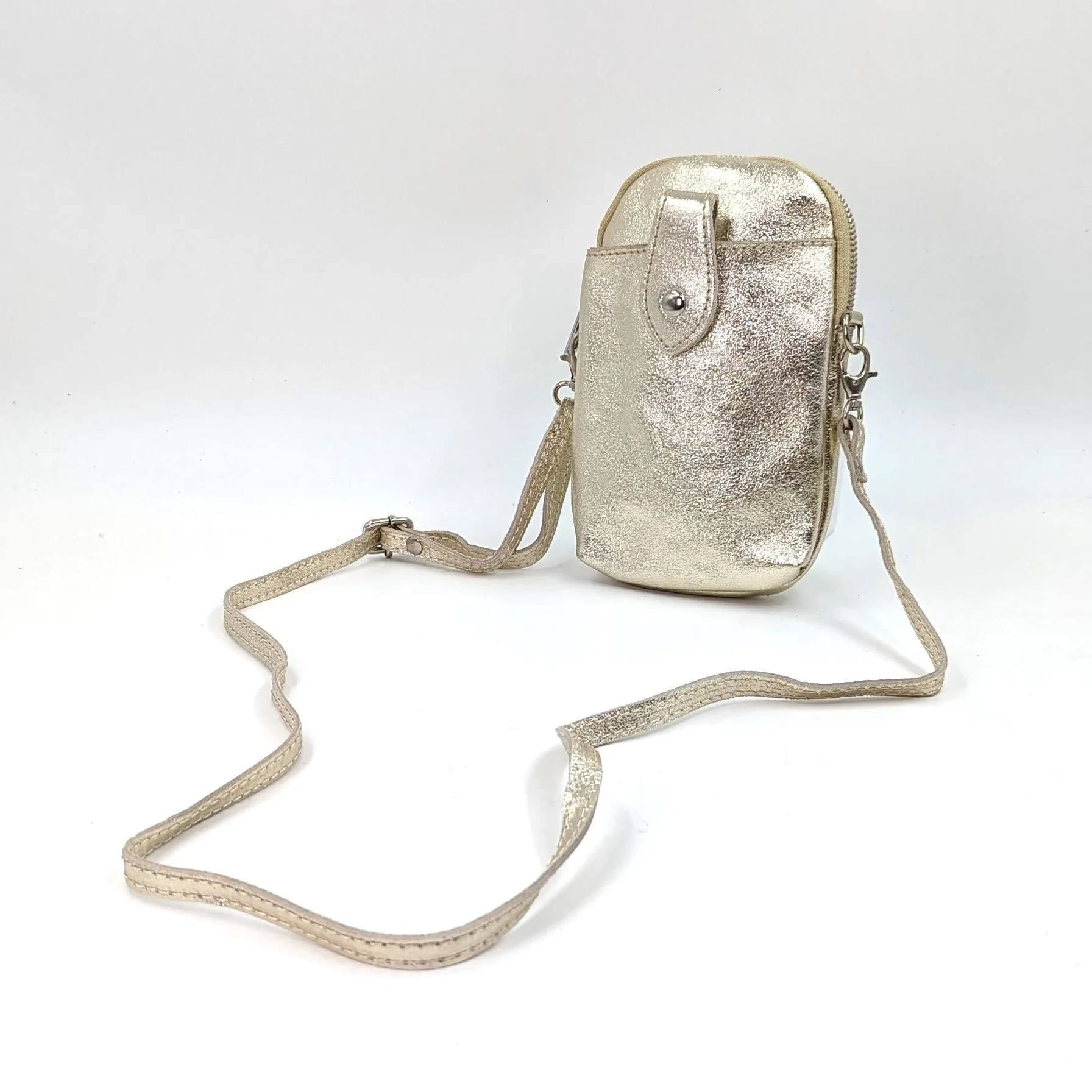 Crossbody mini leather bag with front and back compartments and poppers