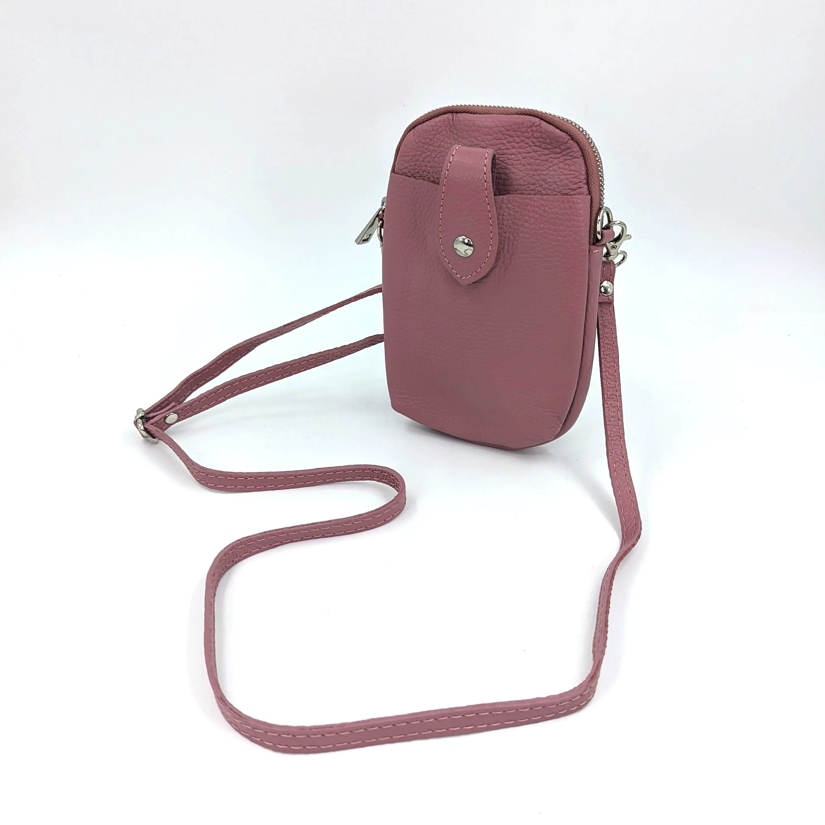Crossbody mini leather bag with front and back compartments and poppers