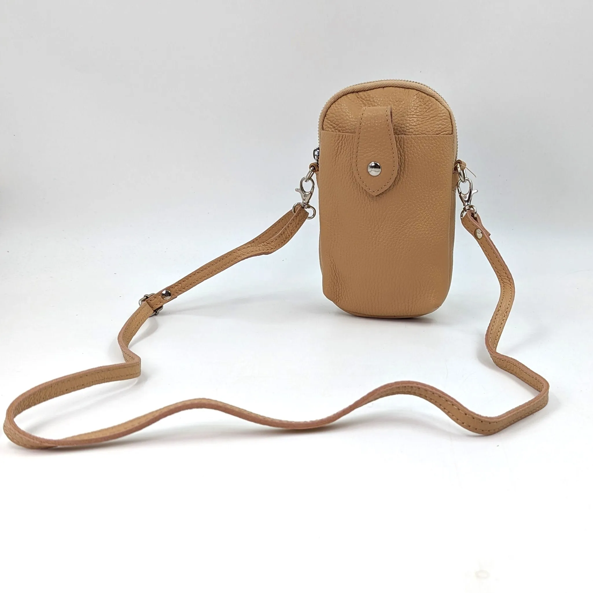 Crossbody mini leather bag with front and back compartments and poppers