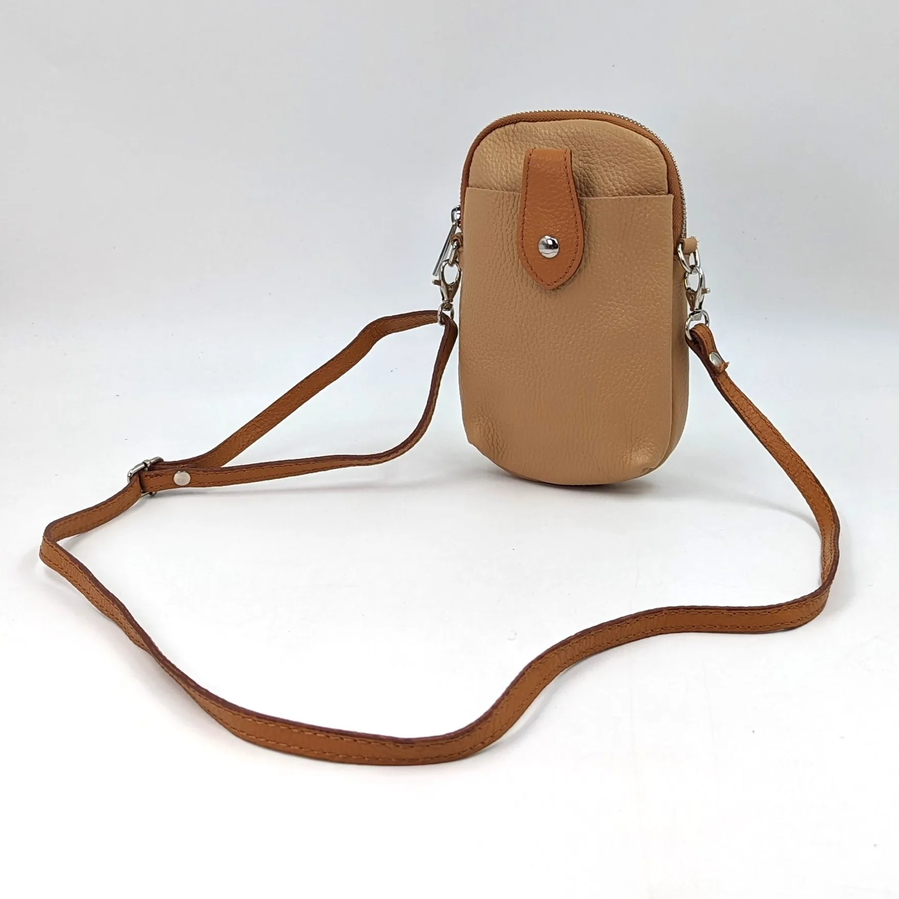 Crossbody mini leather bag with front and back compartments and poppers