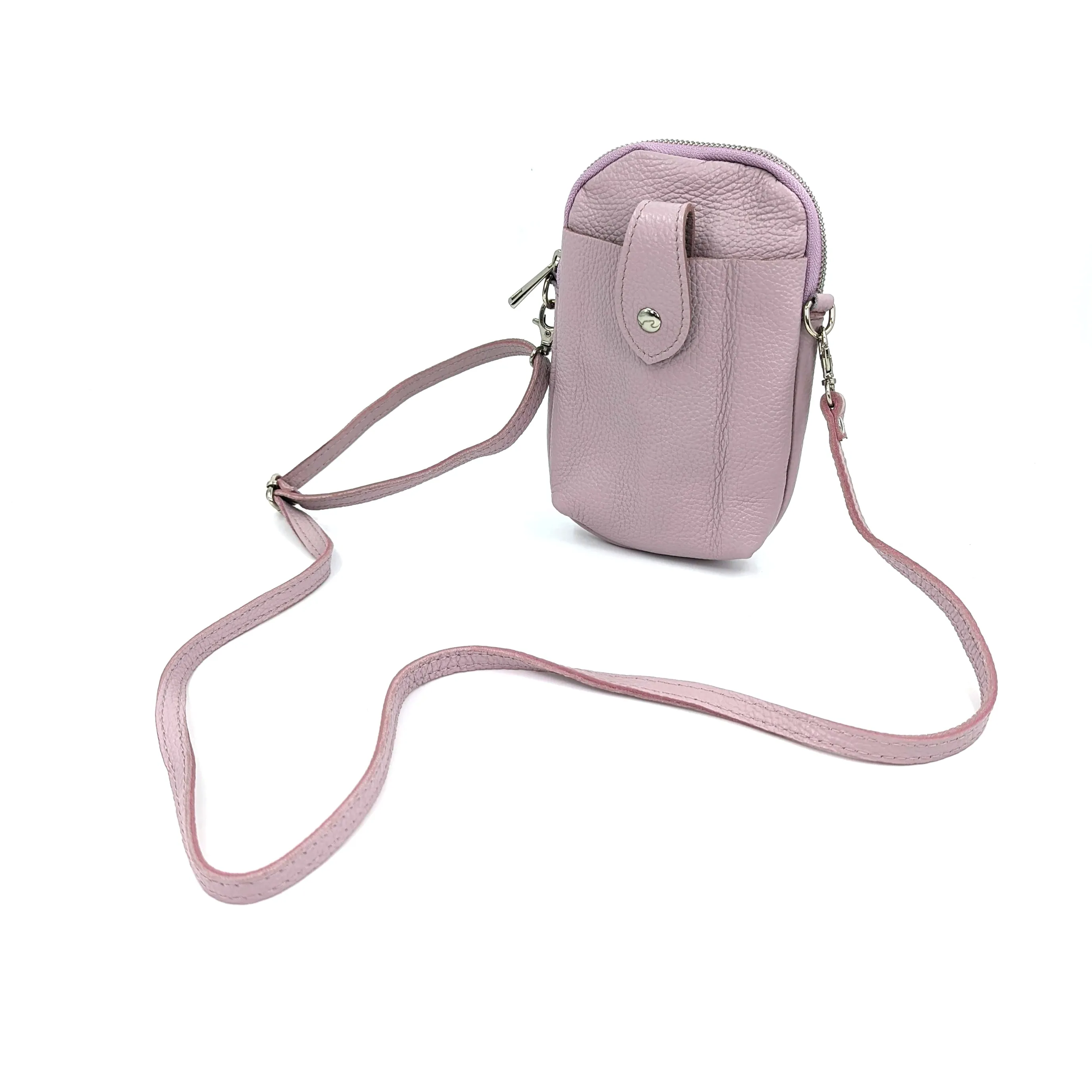 Crossbody mini leather bag with front and back compartments and poppers