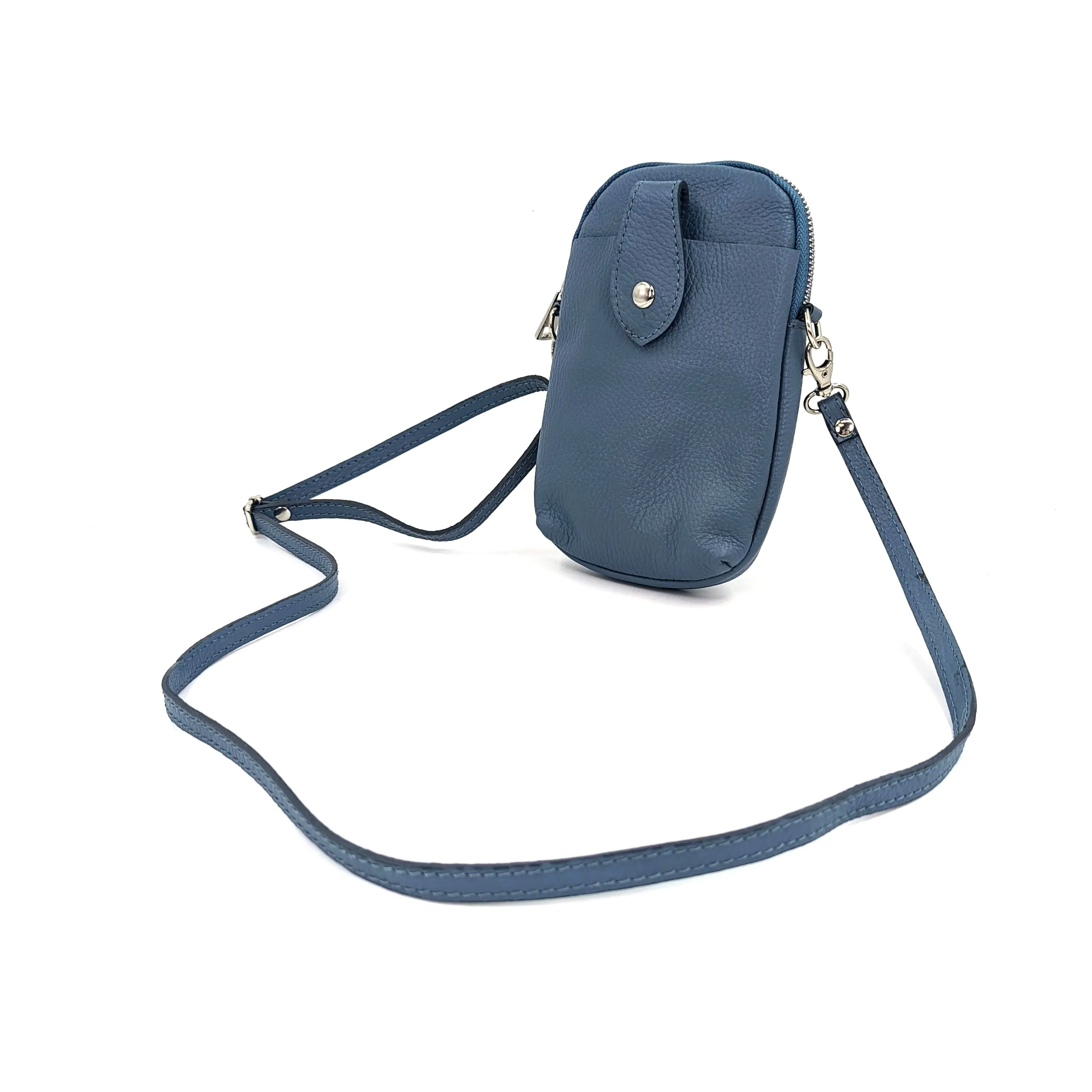 Crossbody mini leather bag with front and back compartments and poppers