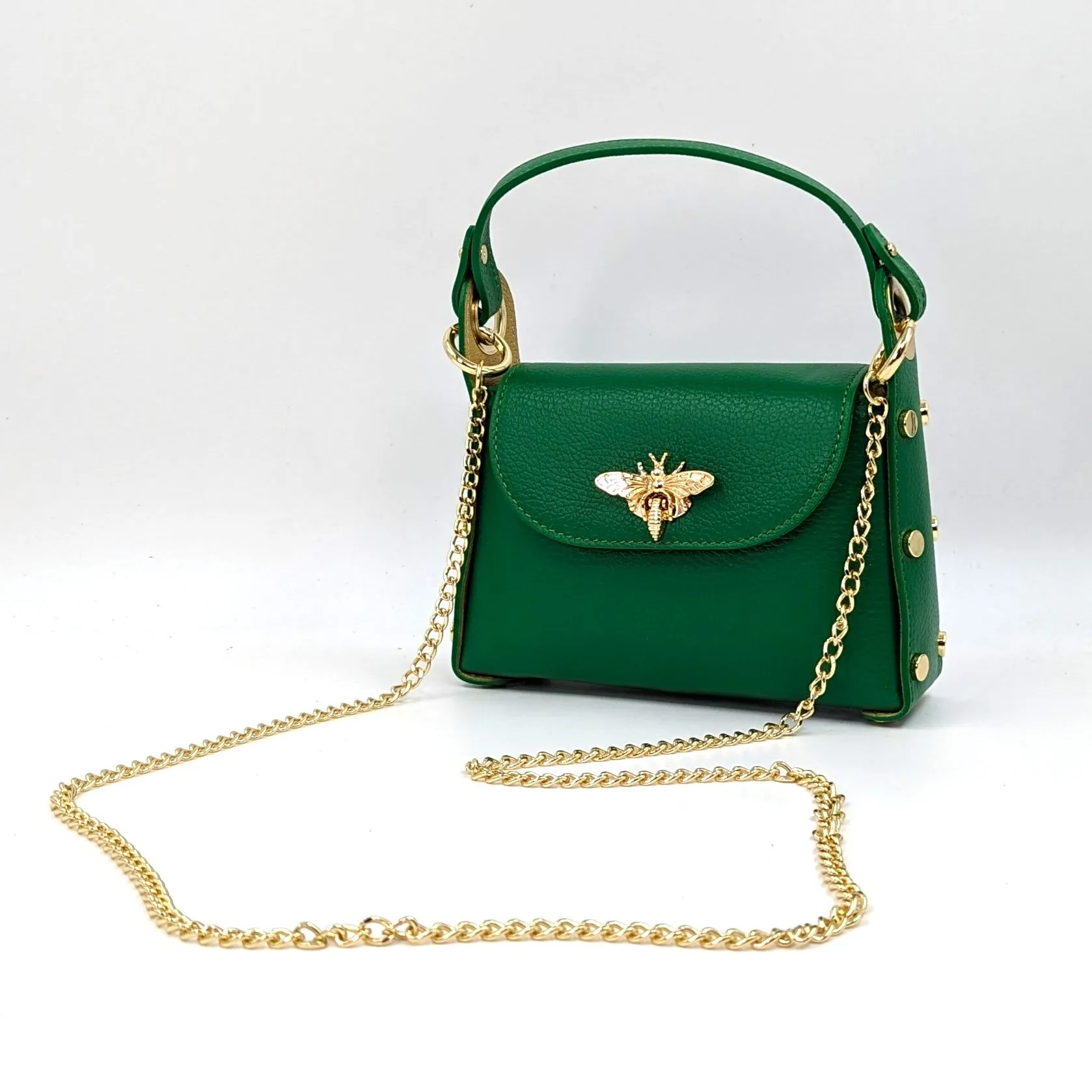 Cute leather handbag with 'Gucci' bee and studded detail on the side and crossbody strap