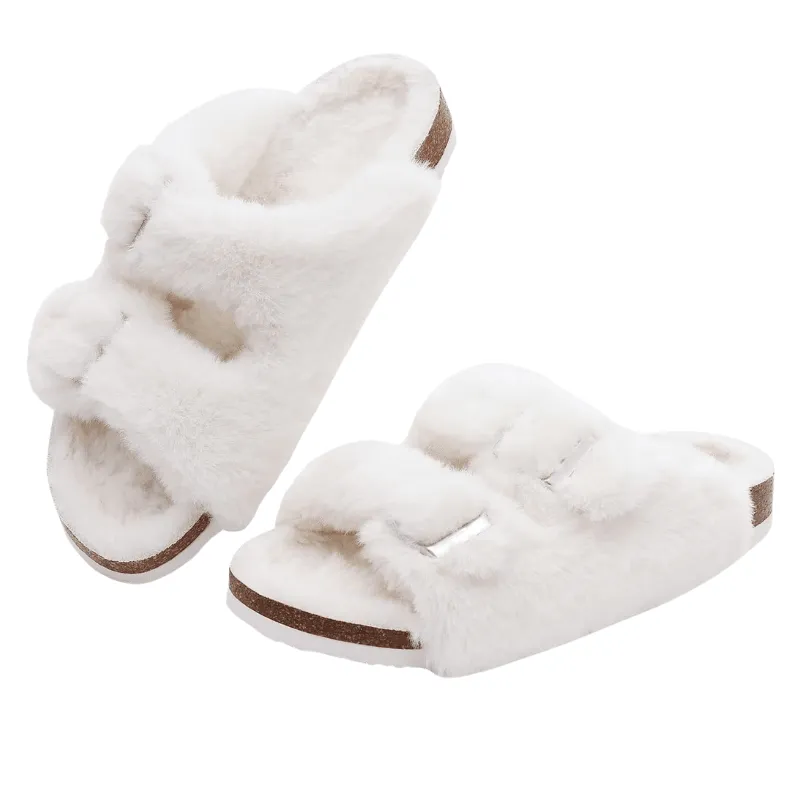 Double Strap Fuzzy Slippers – Adjustable Open Toe Comfort
