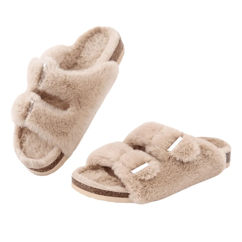 Double Strap Fuzzy Slippers – Adjustable Open Toe Comfort