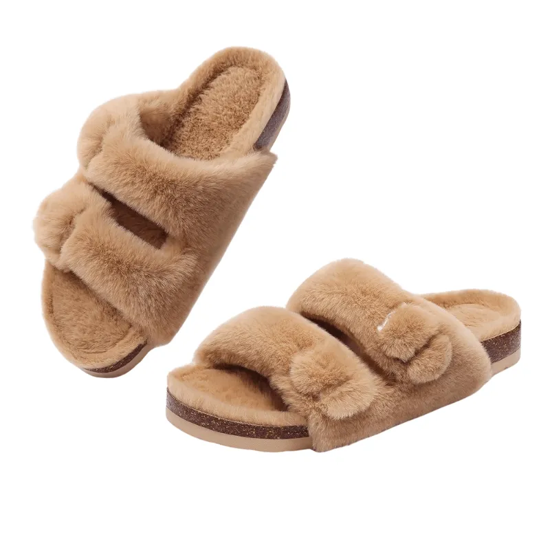 Double Strap Fuzzy Slippers – Adjustable Open Toe Comfort