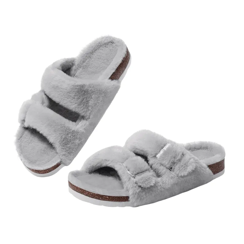 Double Strap Fuzzy Slippers – Adjustable Open Toe Comfort