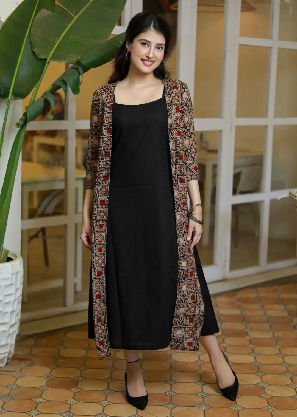 Exclusive Black Cotton Slip Dress with Ajrakh Jacket