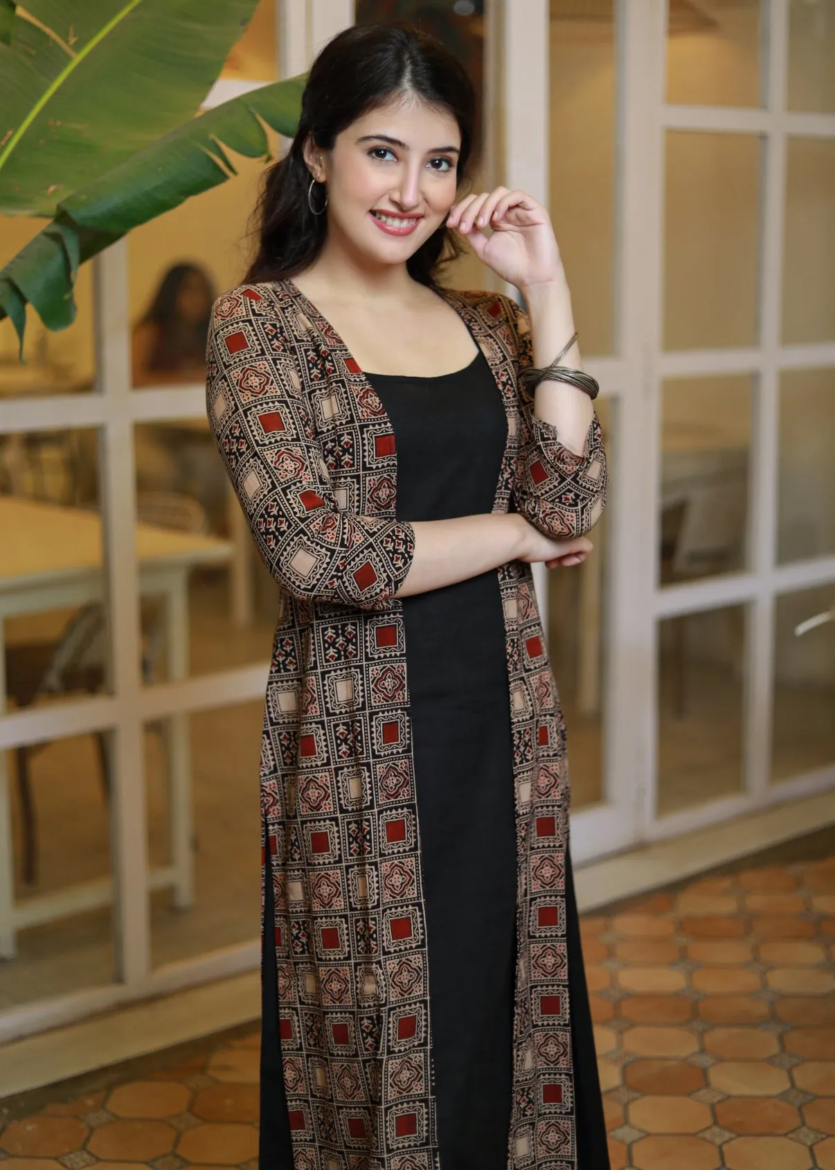 Exclusive Black Cotton Slip Dress with Ajrakh Jacket
