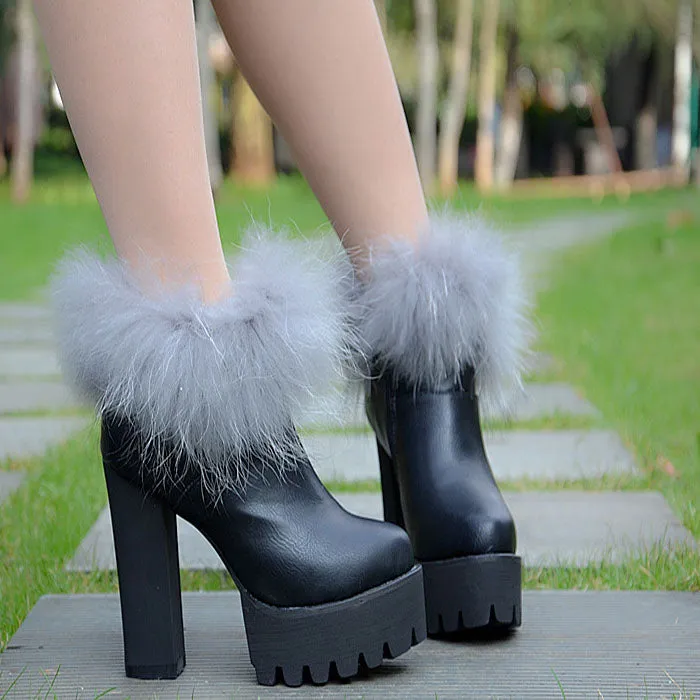 Faux Fur Decorate Side Zipper Platform Super High Heel Ankle Boots