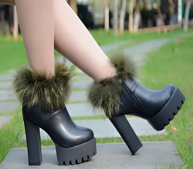 Faux Fur Decorate Side Zipper Platform Super High Heel Ankle Boots