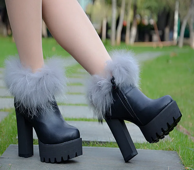 Faux Fur Decorate Side Zipper Platform Super High Heel Ankle Boots