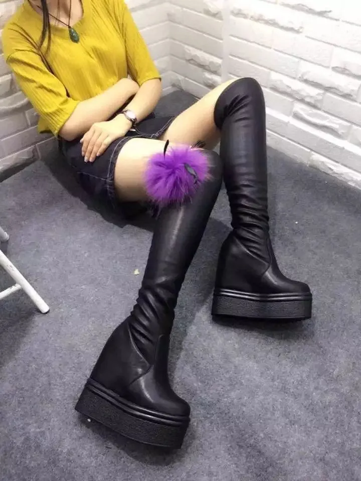 Fur Decorate Inside Heel Platform Wedge Over the Knee Boots