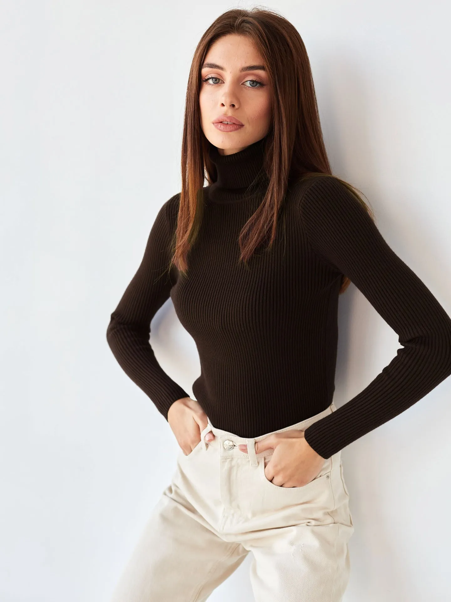 High-necked knitted pullover sweater for women OT