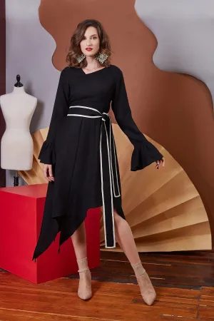 Lavanya Coodly Women's Kara Black Merino Wool Asymmetrical Dress with Trumpet Sleeves