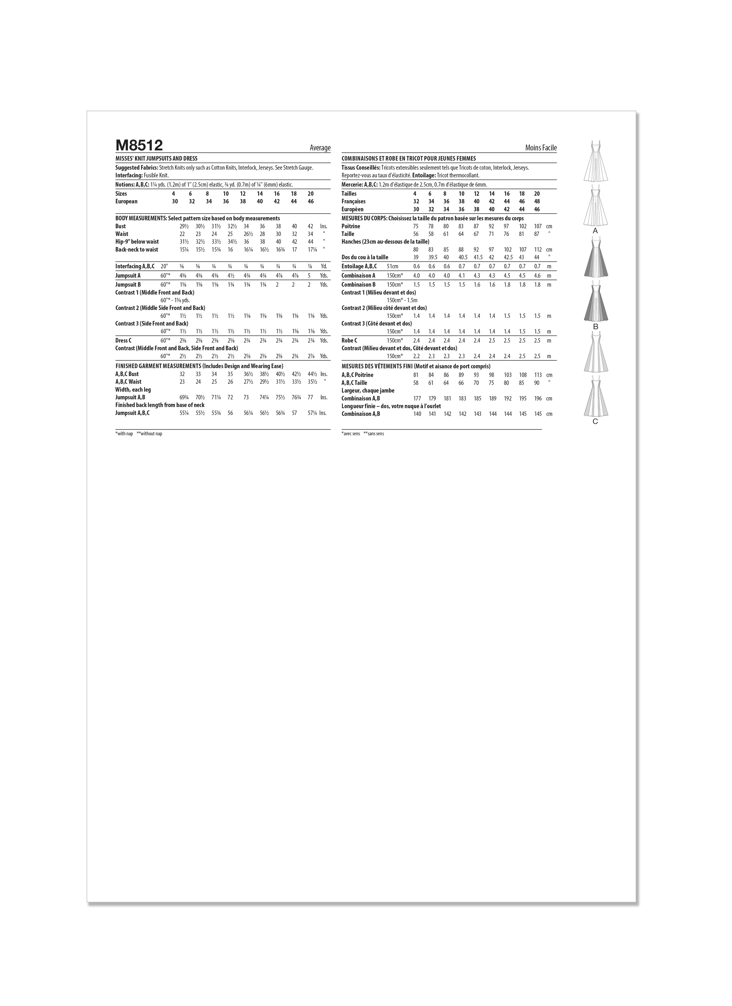 MCCALL'S - M8512 Misses' Knit Jumpsuits and Dress