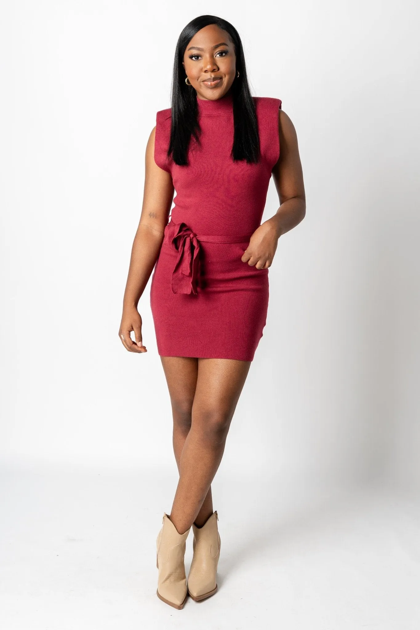 Mock neck knit dress berry