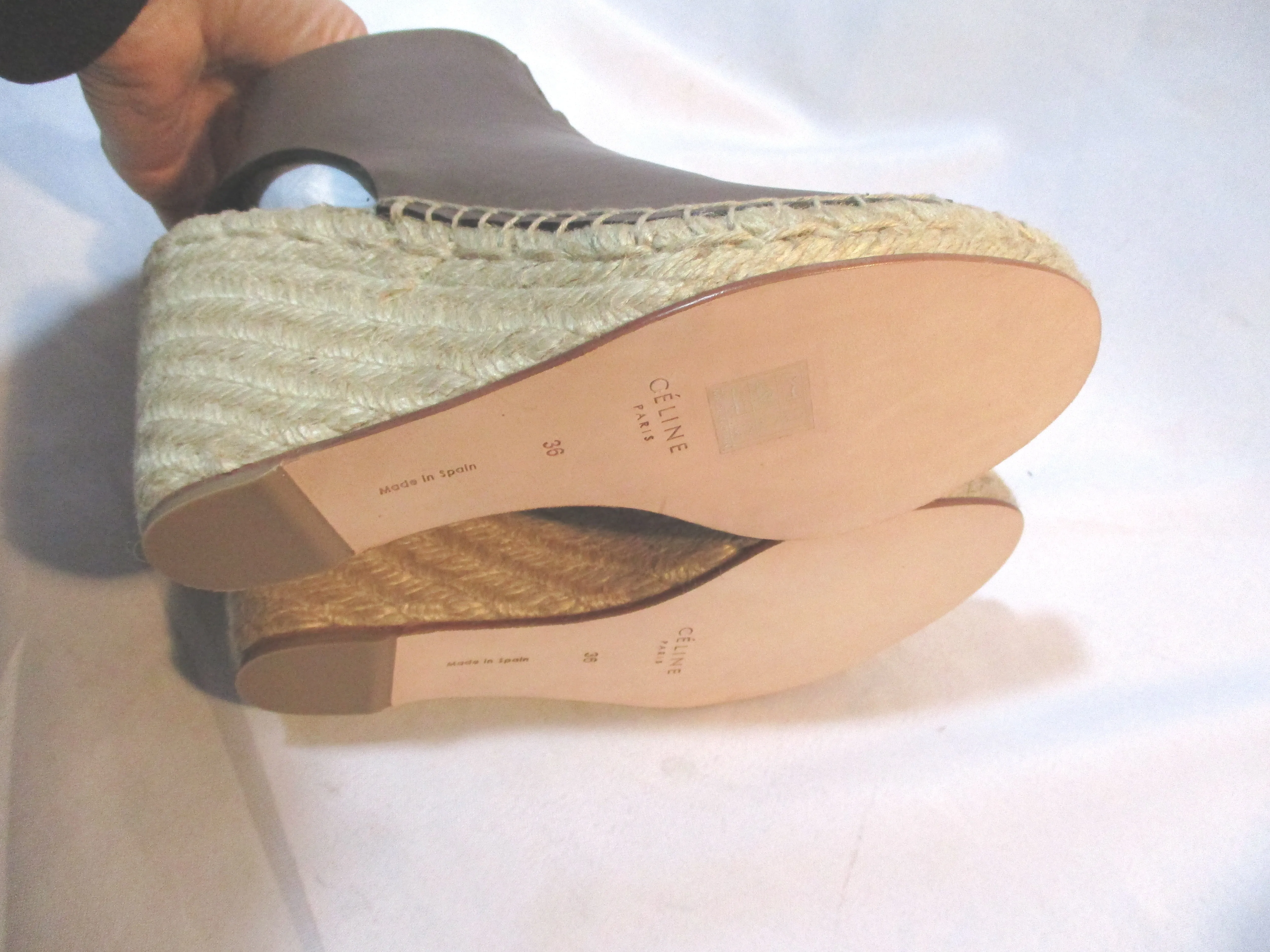 NEW CELINE PARIS WEDGE SATTLE BOOTIE SANDAL ESPADRILLE 36 TAUPE BROWN