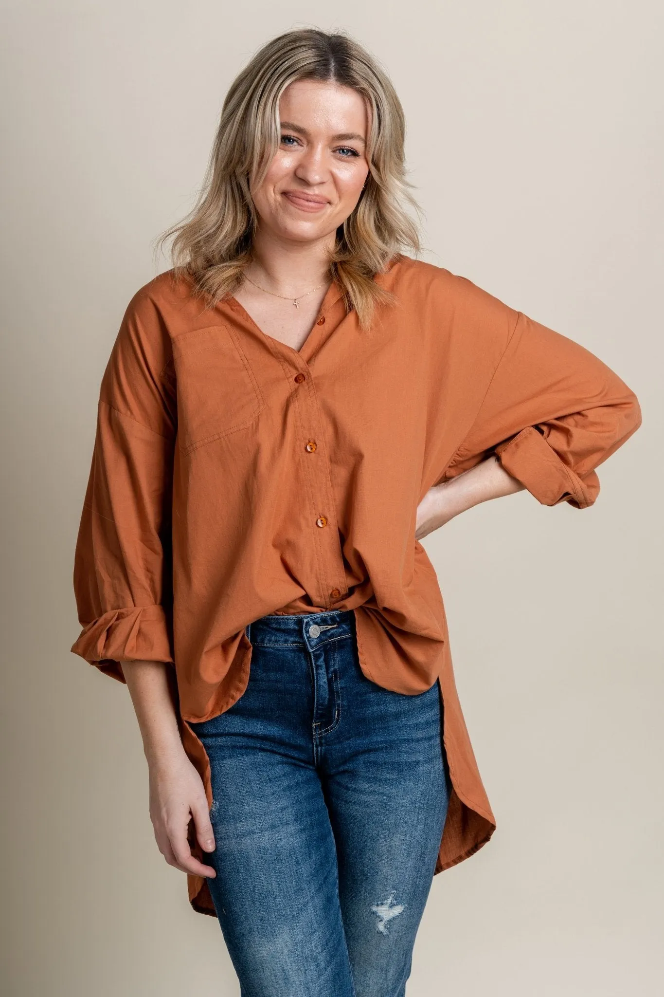 Poplin oversized shirt brown