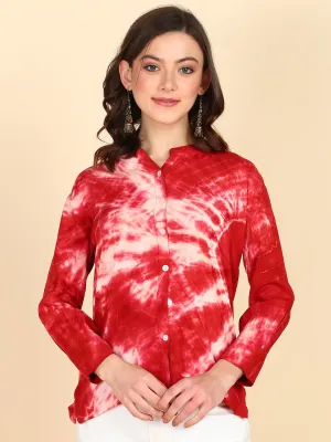 Pure Cotton Tie Dye Brick Red Stand Collar Shirt