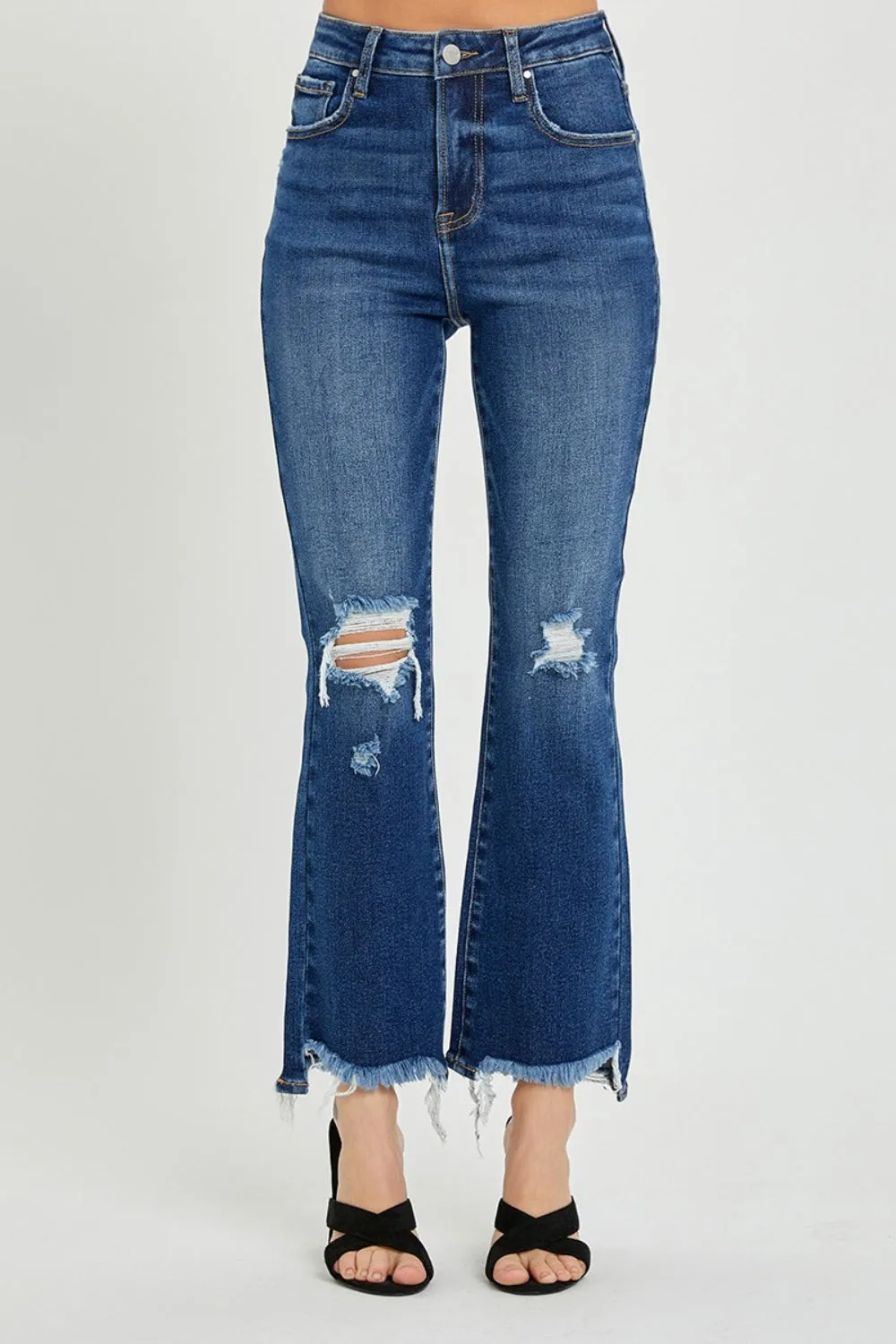 Risen High Rise Distressed Crop Flare Jeans