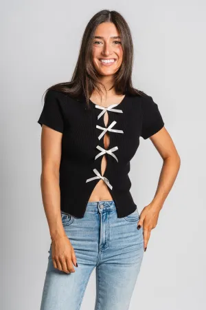 Satin bow short sleeve sweater black/cream