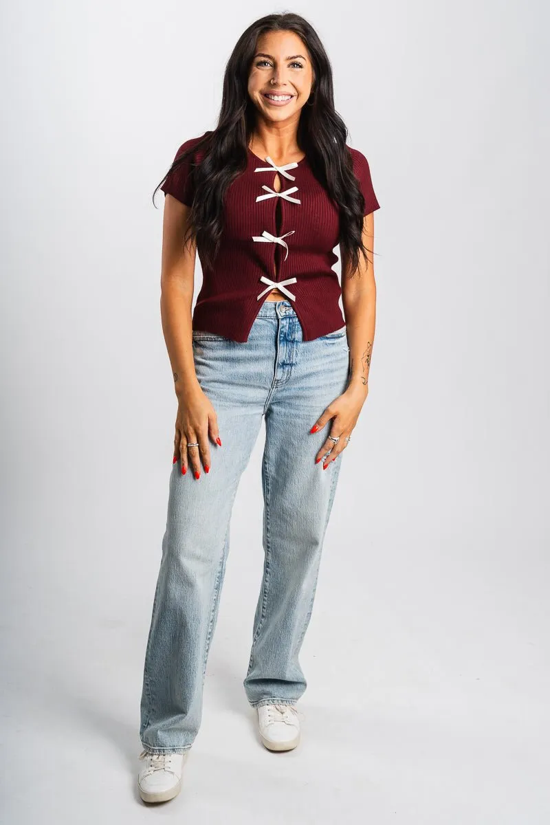 Satin bow short sleeve sweater burgundy/cream
