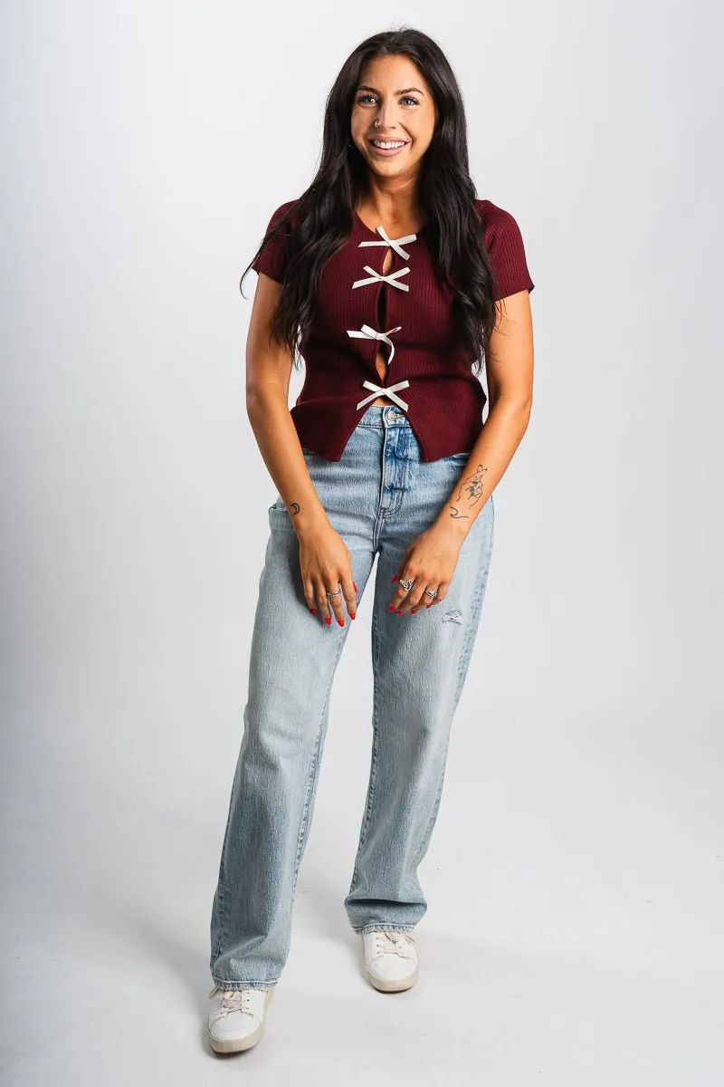 Satin bow short sleeve sweater burgundy/cream
