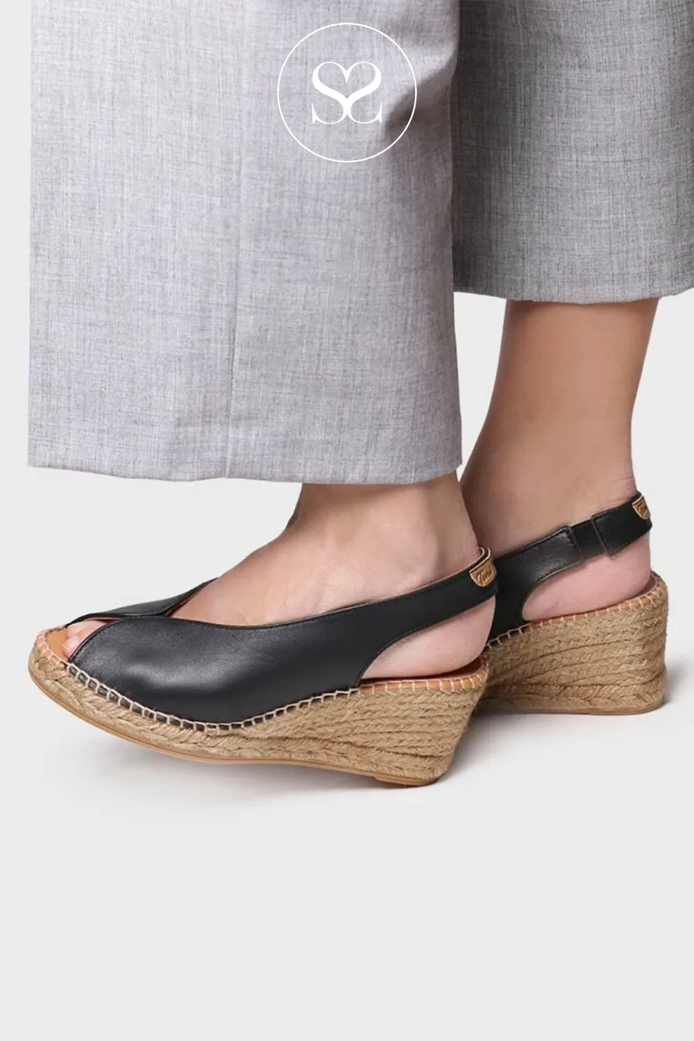 TONI PONS LAILA BLACK LEATHER PEEP TOE ESPADRILLE WEDGE SLINGBACK SANDAL
