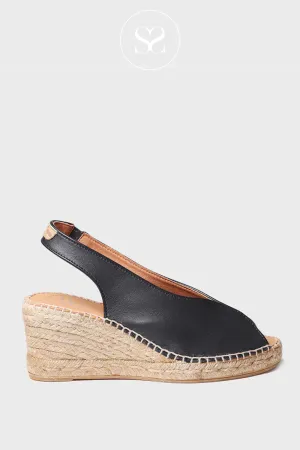 TONI PONS LAILA BLACK LEATHER PEEP TOE ESPADRILLE WEDGE SLINGBACK SANDAL