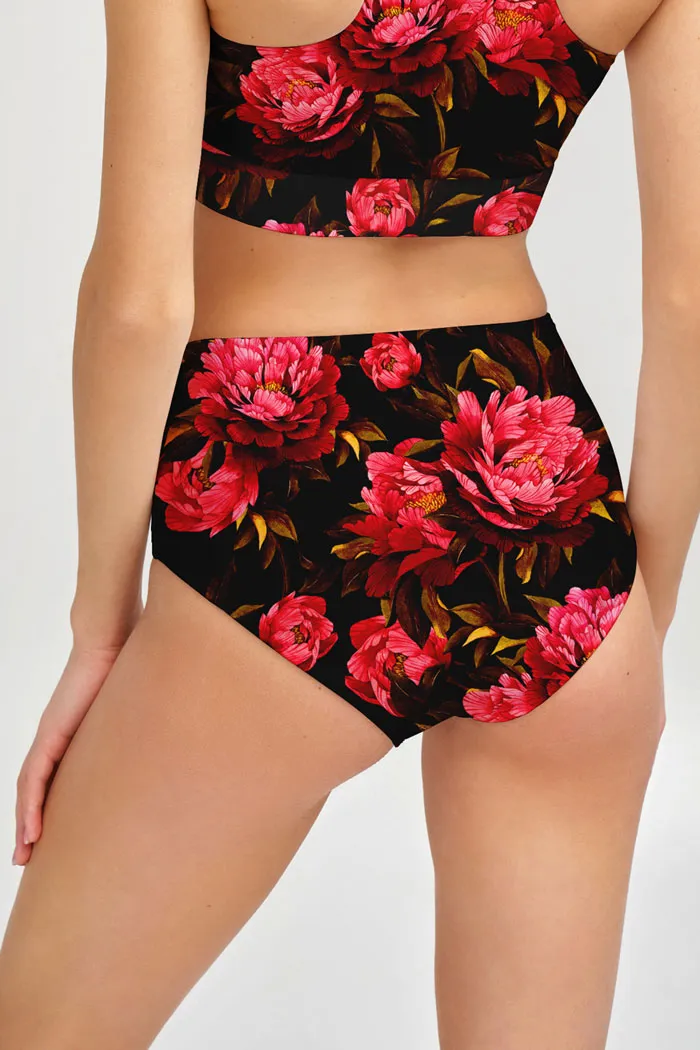 True Passion Cara Black Red Floral Print Hipster Bikini Bottom - Women